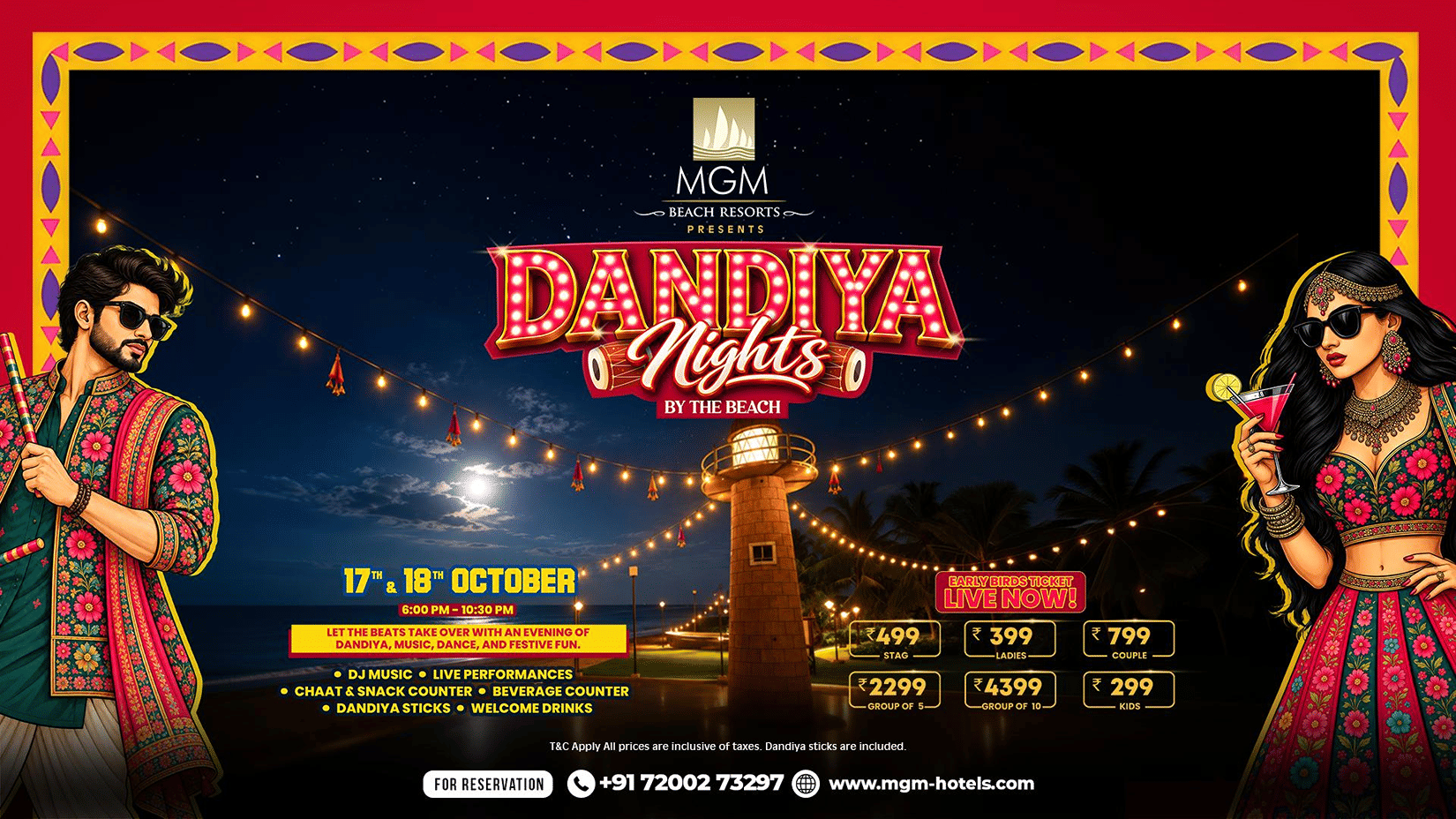 Dandiya Nights by the Beach poster at MGM Beach Resorts Chennai 2026, with a lighthouse, festive string lights and two dancers in traditional garba attire.
