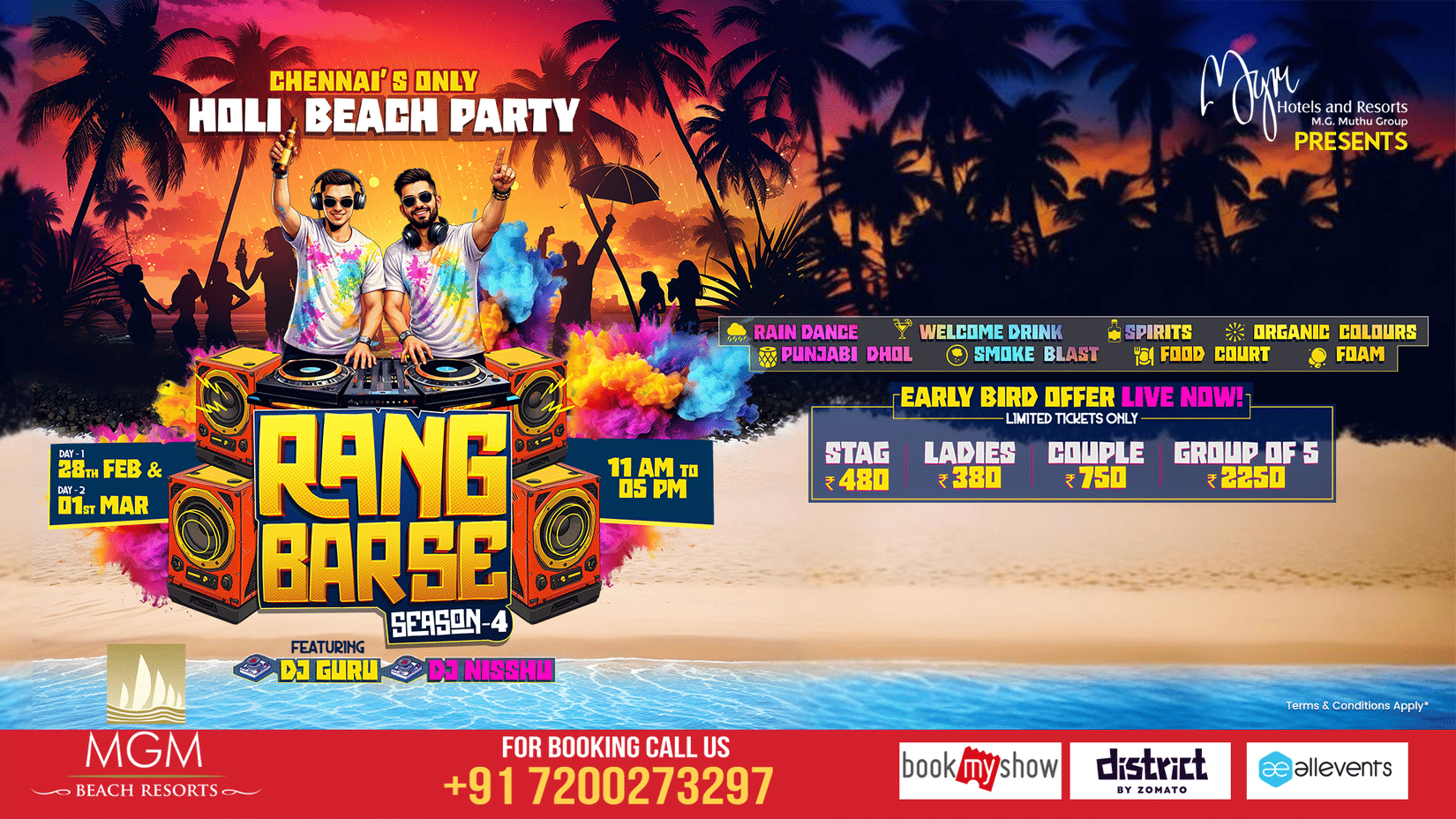 Rang Barse Season 4 Holi beach party poster in Chennai ECR featuring DJs, colours, rain dance, event dates 28 Feb–1 Mar 2026, MGM Beach Resorts
