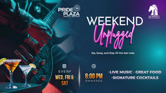 Promotional banner featuring a microphone, cocktails, and event details for Stallion Bar & Lounge at Pride Plaza Hotel, New Delhi.