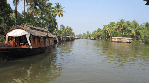An overview of the backwaters of Kumarakom with houseboats in view.