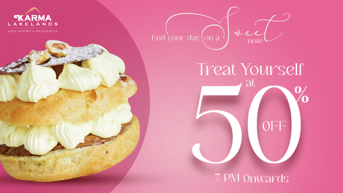 Happy Hour banner showcasing the the 50% offer and a dessert - Karma Lakelands.