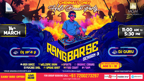 A creative banner showcasing the Holi event details at MGM Hotels and Resorts.