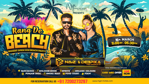 A vibrant banner displaying the details of the Holi event at MGM Hotels and Resorts.