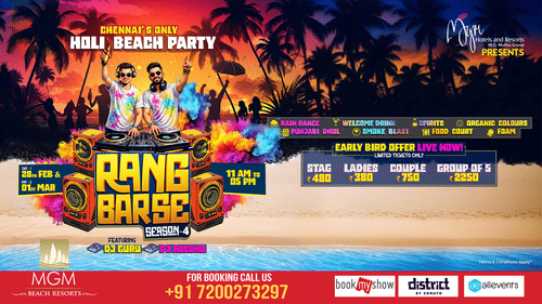 Rang Barse Season 4 Holi beach party poster in Chennai ECR featuring DJs, colours, rain dance, event dates 28 Feb–1 Mar 2026, MGM Beach Resorts