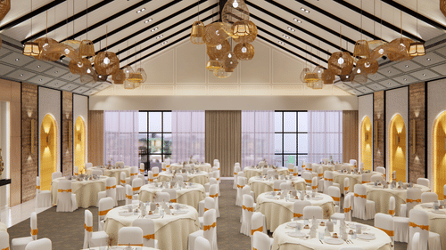 Luxurious ballroom with round tables and chandeliers - Polo Cherrapunjee Resort
