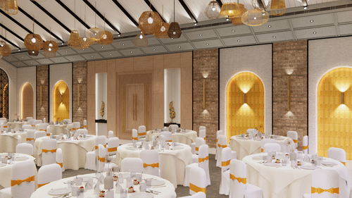 Round table seating arrangements inside the BANQUET hall - Polo Cherrapunjee Resort
