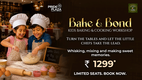 Promotional banner for a kids baking and cooking workshop featuring baking ingredients at Pride Plaza Hotel, New Delhi.