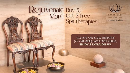 Rejuvenate More Spa Offer, This spa offer banner shows two ornate chairs and spa accessories. The promotion is: Buy 5 spa therapies each over INR5000, and enjoy 2 extra on us.