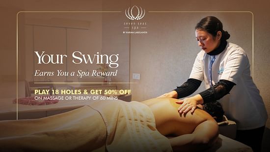  Your Swing Spa Offer. A spa offer banner features a person receiving a back massage. The promotion states: Play 18 holes and get 50 percent off on a 60 minute massage or therapy.