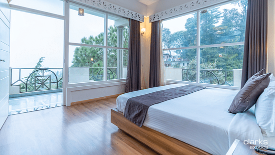 An image of a room featuring plush bed on the wooden floor with a balcony and a huge window next to it