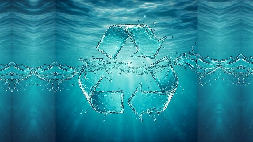 Turquoise and teal water droplets form a recycle symbol against a shimmering underwater scene, blending conservation with fluid design.