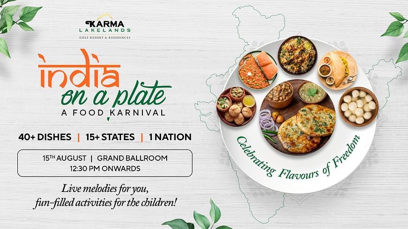 India on a Plate Food Karnival at Karma Lakelands, featuring 40+ dishes from 15+ states on 15th August with live music and kids' activities.
