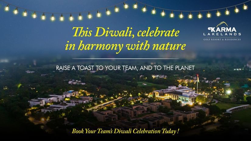 Premises of Karma Lakelands illuminated with festive lights, promoting eco-friendly Diwali celebrations in harmony with nature with the Corporate Diwali Package