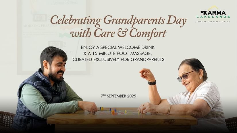 Banner for Grandparents Day at Karma Lakelands, featuring a an elderly woman and a man playing ludo, inclusions involving special welcome drink and 15-min foot massage