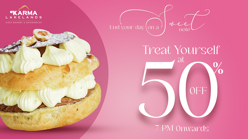 KL happy Hour creative showcasing the the 50% offer and a dessert