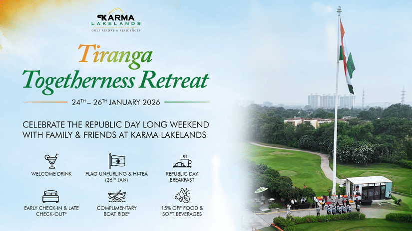 Promotional banner for Karma Lakelands Tiranga Togetherness Retreat celebrating Republic Day weekend, featuring the Indian national flag, golf course surroundings, event dates, and special inclusions.