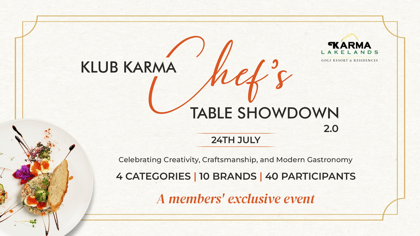 A promotional poster showcasing Klub Karma Chef's Table Showdown 2.0 at Karma Lakelands, highlighting a culinary competition with 4 categories, 10 brands, and 40 participants, alongside an image of a plated gourmet dish and event details.