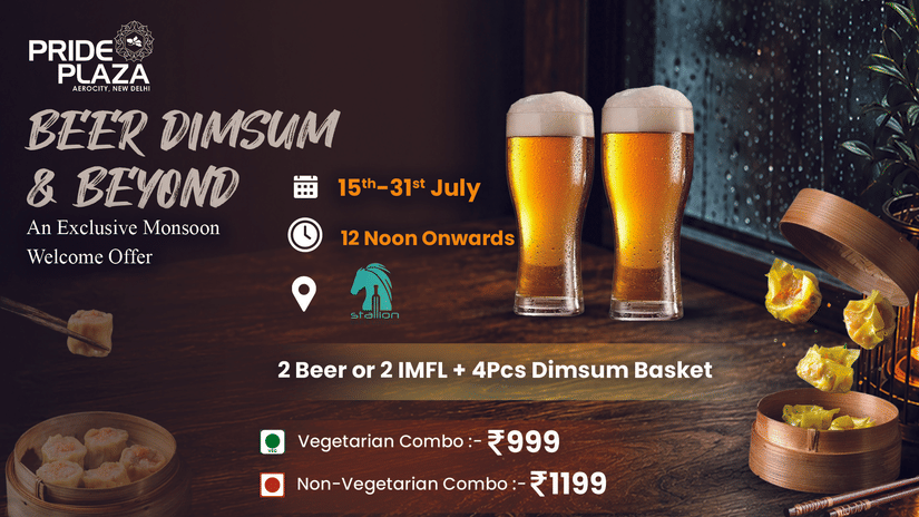 Beer Dimsum & Beyond monsoon offer at Stallion, Pride Plaza Aerocity, featuring 2 beers or 2 IMFL with a 4-piece dimsum basket from 15th to 31st July 2026.