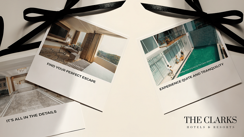 Inaugural Offer Cover for The Clarks Hotels and Resorts featuring different properties' images on polaroids with black bows