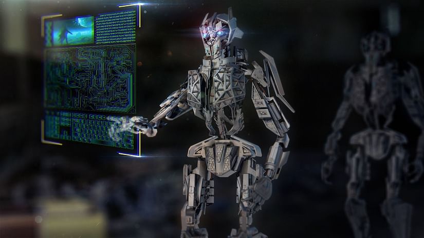 An overview of a robot using a handsfree screen to change settings for something.