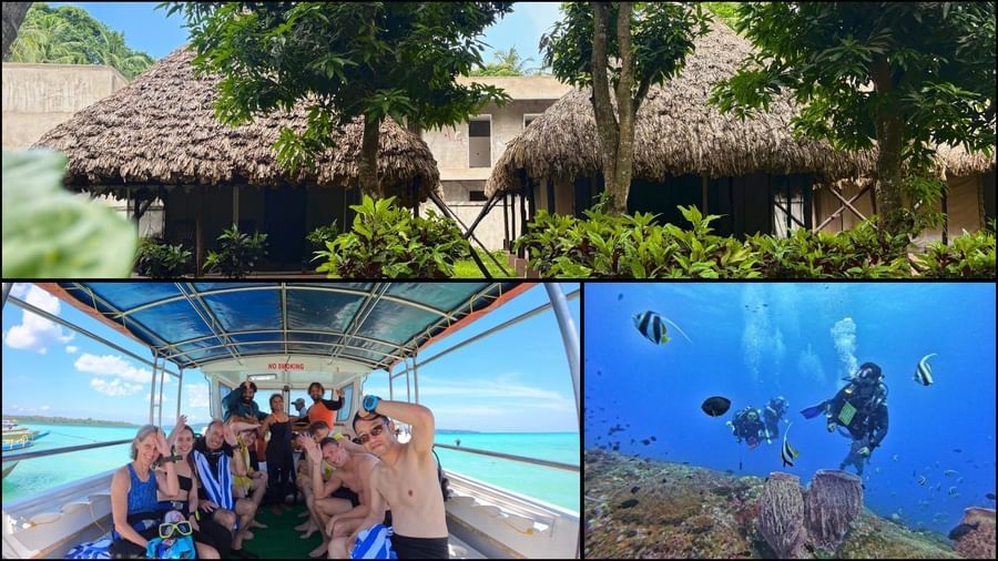 A view of the Barefoot Scuba Resort, showcasing a traditional thatched roof building surrounded by lush greenery, suggesting a serene and nature-immersed setting.