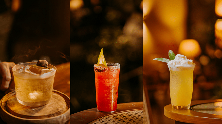 Collage of three beverages framed in an elegant manner, each having a dark background