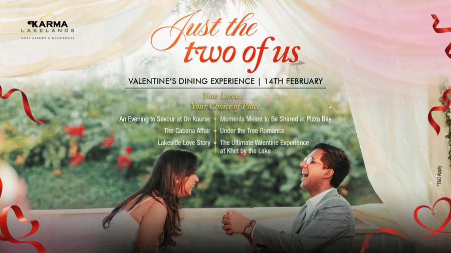 A promotional banner showcasing a couple enjoying a romantic proposal setup with soft decor and Just the Two of Us text overlay on a scenic backdrop at  Karma Lakelands.
