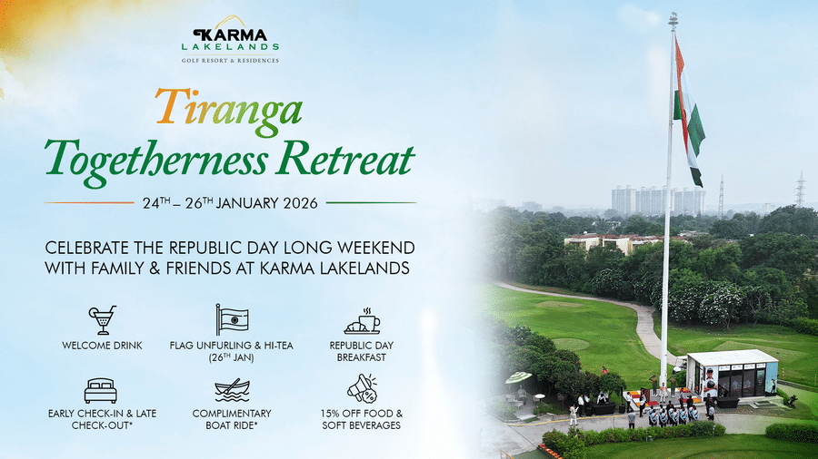 Promotional banner for Karma Lakelands Tiranga Togetherness Retreat celebrating Republic Day weekend, featuring the Indian national flag, golf course surroundings, event dates, and special inclusions.