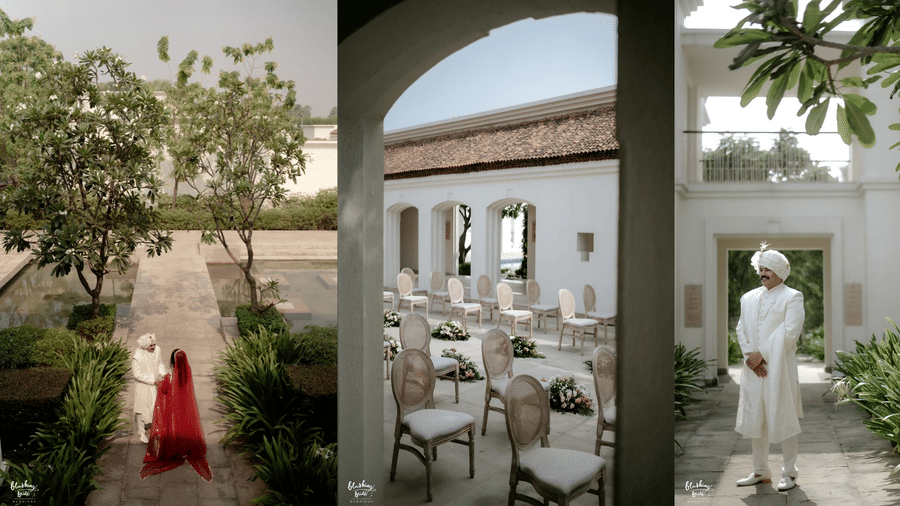 A collage which is featuring a newly wedded couple, a sitting area at the lawn, and a groom dressed up.