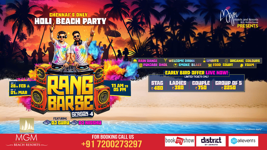 Rang Barse Season 4 Holi beach party poster in Chennai ECR featuring DJs, colours, rain dance, event dates 28 Feb–1 Mar 2026, MGM Beach Resorts