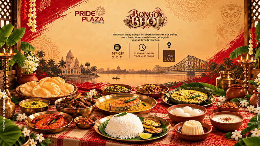 Promotional banner for Bongo Bhoj Durga Puja food festival showcasing an authentic Bengali feast buffet with Kolkata skyline illustration at Pride Plaza Ahmedabad.