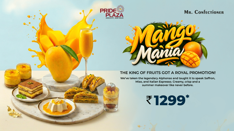 Display of mango-themed desserts and pastries with seasonal promotion details at Pride Plaza Hotel, New Delhi.