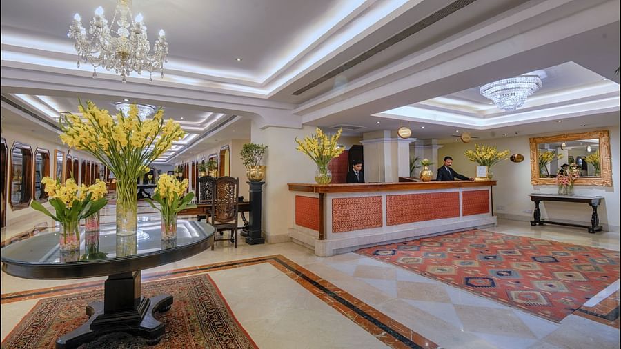 Clarks Varanasi - the reception area with the front desk towards the right at our Oldest Hotel, Varanasi 