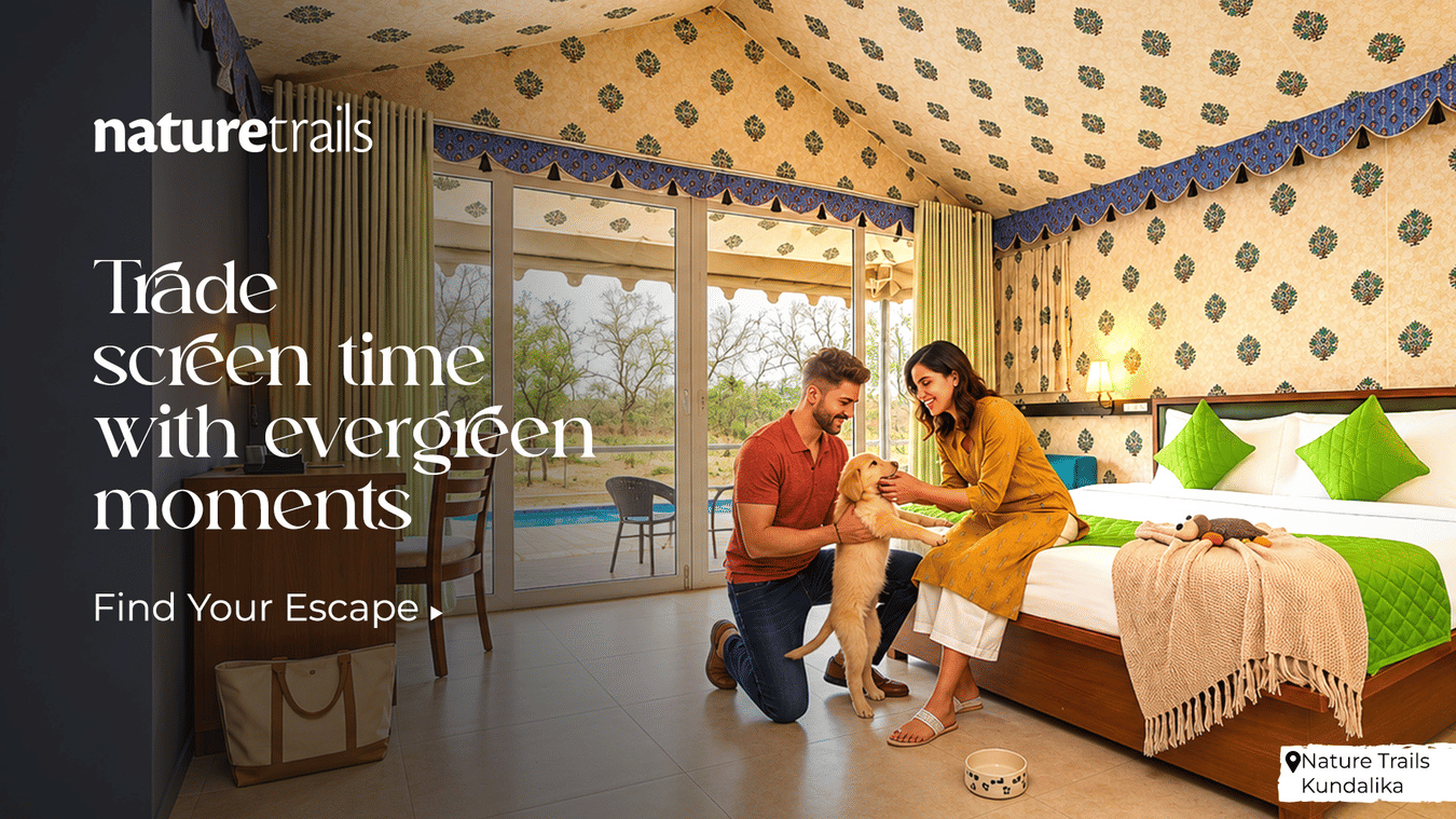 Couple enjoying a pet-friendly stay at Nature Trails Kundalika with cosy interiors and relaxing nature-inspired moments.