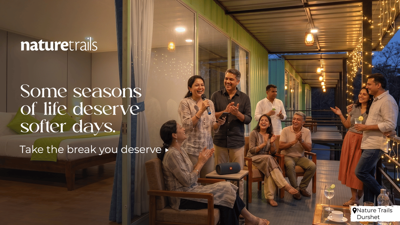 Friends and families enjoying a relaxing evening gathering at Nature Trails Durshet resort with cosy stays and nature-filled experiences.