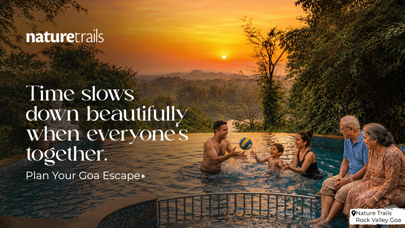 Guests relaxing by the pool during sunset at Naturetrails, enjoying a peaceful evening escape surrounded by nature.