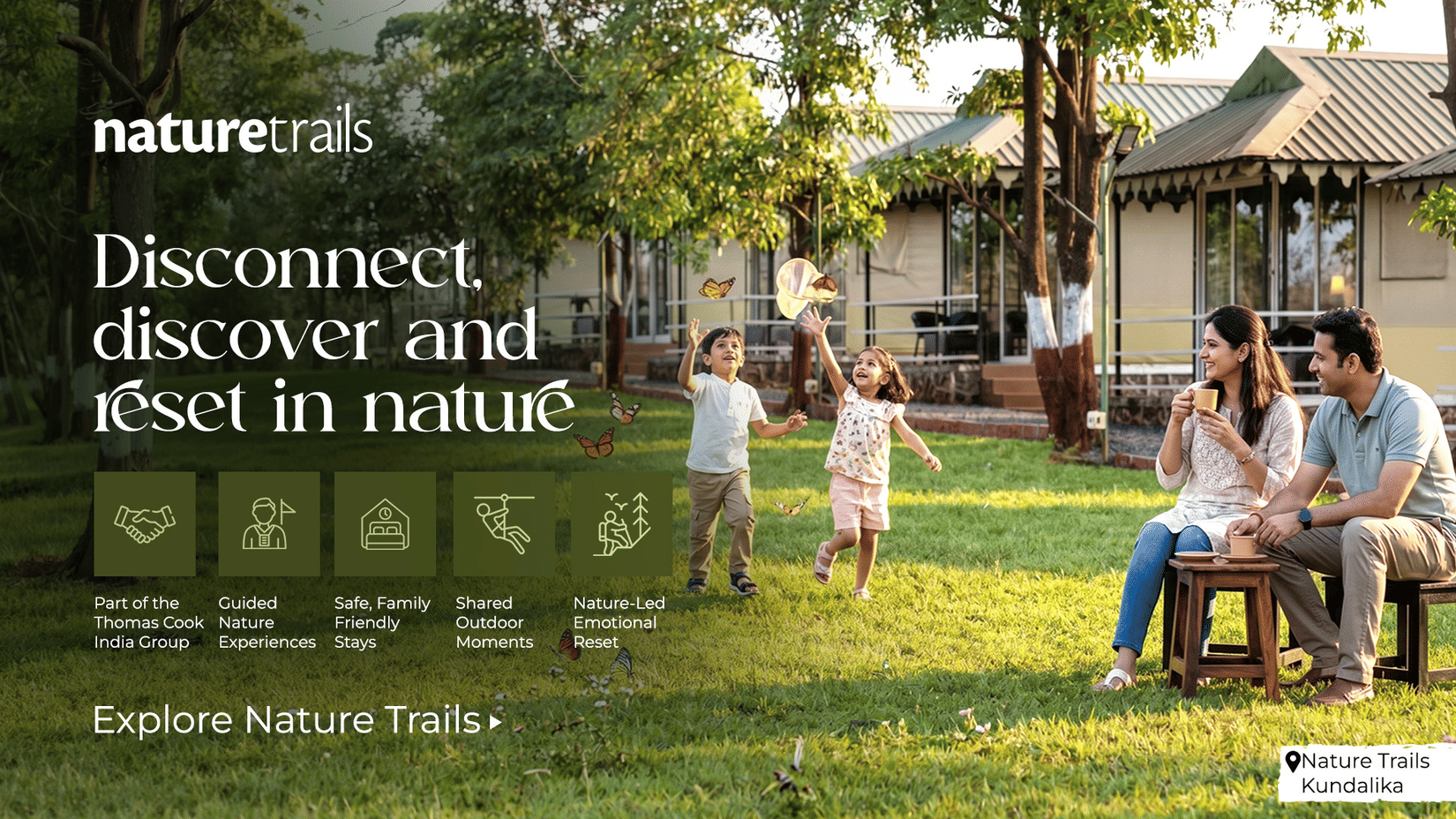 Family enjoying outdoor moments at Nature Trails Kundalika with lush greenery, nature stays, and relaxing family experiences.