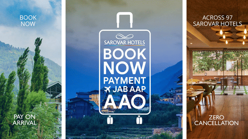 Sarovar Hotels festive offer banner promoting book now, pay on arrival with zero cancellation.