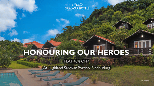 Promotional banner for Highland Sarnour Portico, Sarchu, featuring chalet-style cottages and a poolside view with the offer text Honouring Our Heroes – Flat 40% Off.