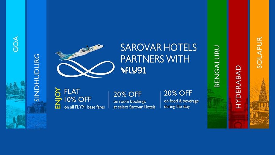 Promotional banner for Sarovar Hotels’ partnership with FLY91, offering 10% off on FLY91 base fares, 20% off on room bookings at select Sarovar Hotels, and 20% off on food and beverages.
