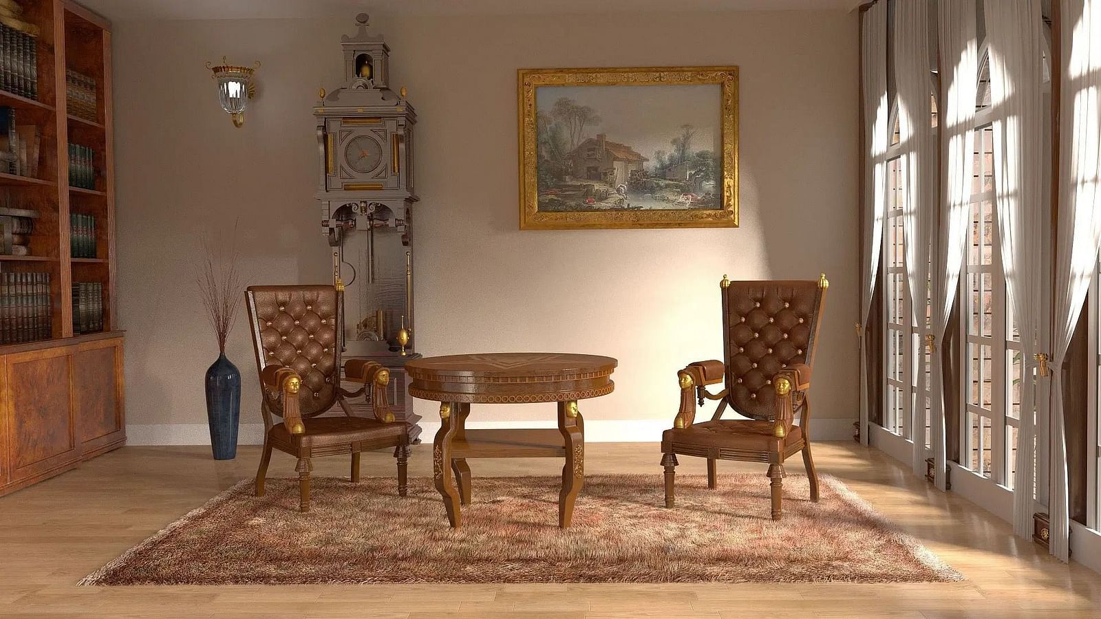 Interior room with furniture, a painting, and a window with sunlight.