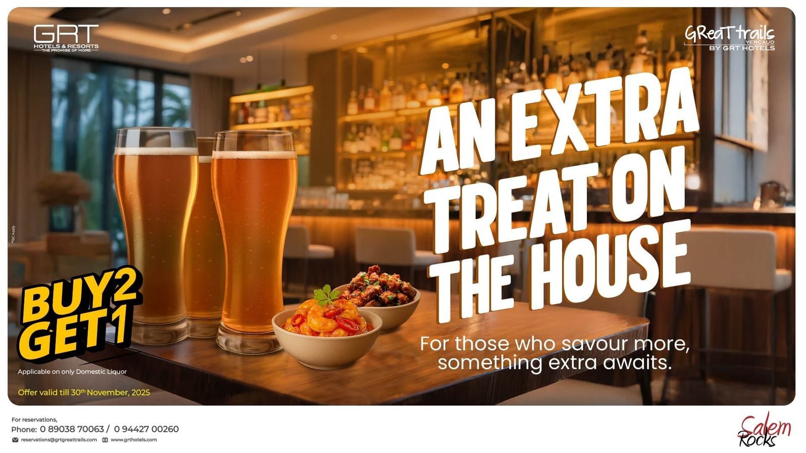Buy 2 Get 1 beverage promotional creative for AN EXTRA TREAT ON THE HOUSE showing two large glasses of beer and a glass on a bar.