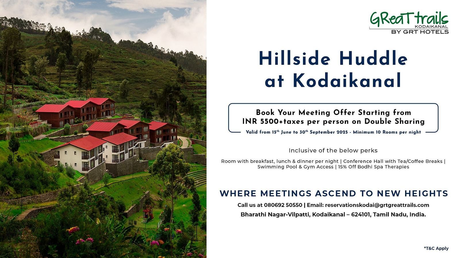 Kodaikanal meeting offer starting from INR 5500 plus taxes per person on double sharing. Includes meals, conference hall, and leisure access at a hillside resort