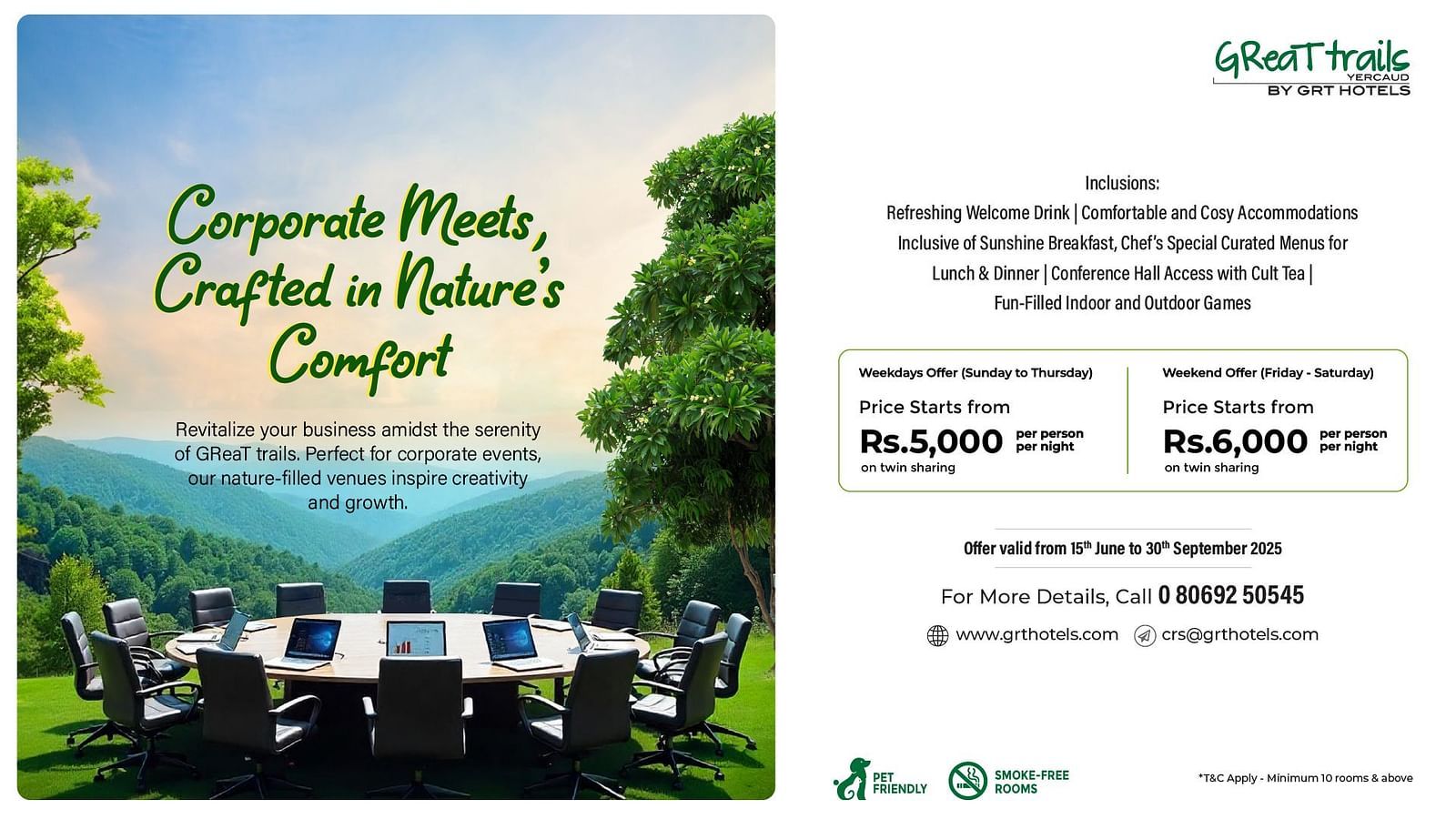 Corporate meetings in Yercaud from INR 5000. Includes meals, conference hall, and activities in a natural setting at Great Trails Yercaud by GRT Hotels
