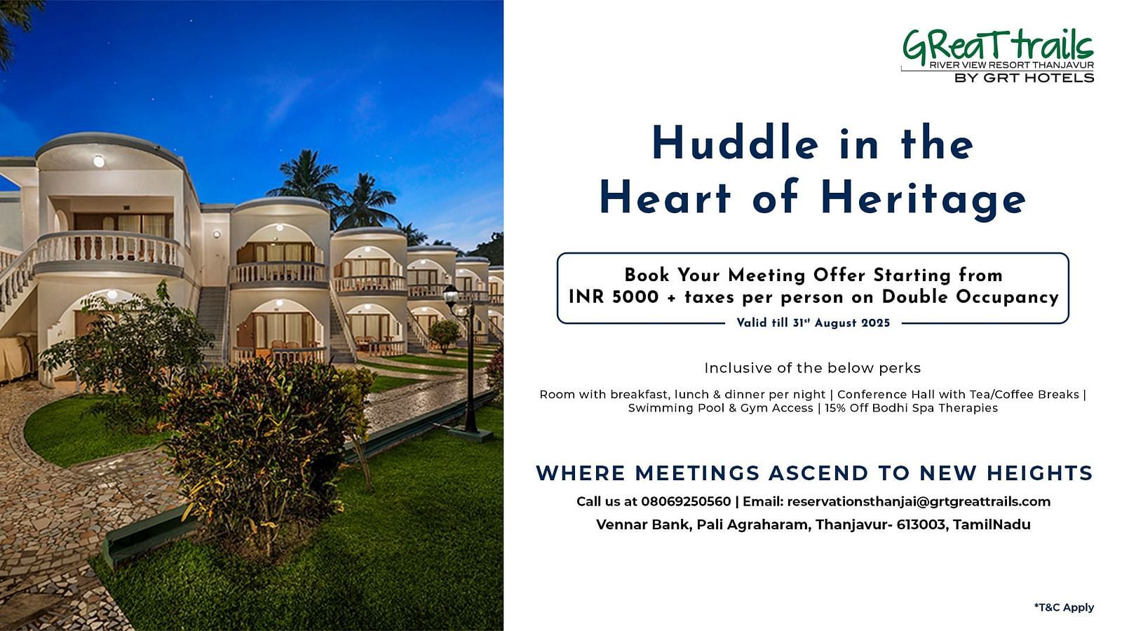 Thanjavur meeting offer starting from INR 5000 plus taxes per person on double occupancy. Includes meals, conference hall, and spa access at Great Trails River View Resort