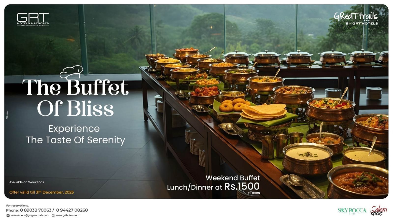 Promotional creative for THE BUFFET OF BLISS featuring a long, lavishly presented buffet spread with a background view of misty mountains.