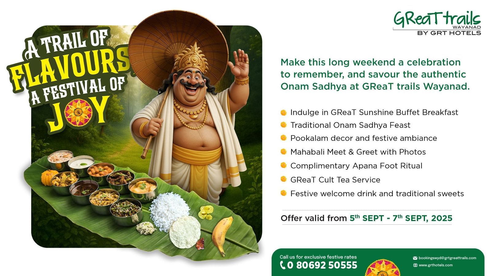 Onam Sadhya at GReaT trails Wayanad – Traditional feast, Mahabali meet, festive décor, and rituals from 5th–7th Sept 2025.