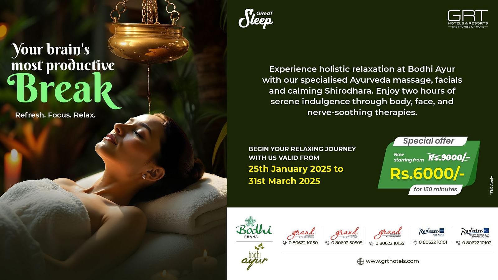 A poster showing a peaceful spa scene with a woman receiving Shirodhara therapy under a golden oil flow in a tranquil setting.
