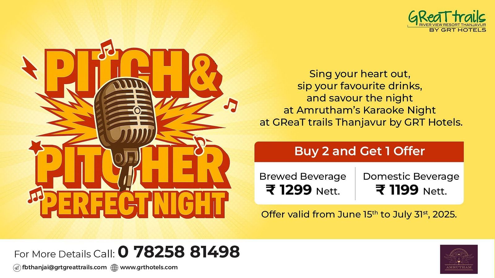 Promotional banner for karaoke night event at GReaT trails River View Resort Thanjavur. Shows event name, drink offers, vintage mic graphic, and contact details. Offer valid June 15 to July 31, 2025.