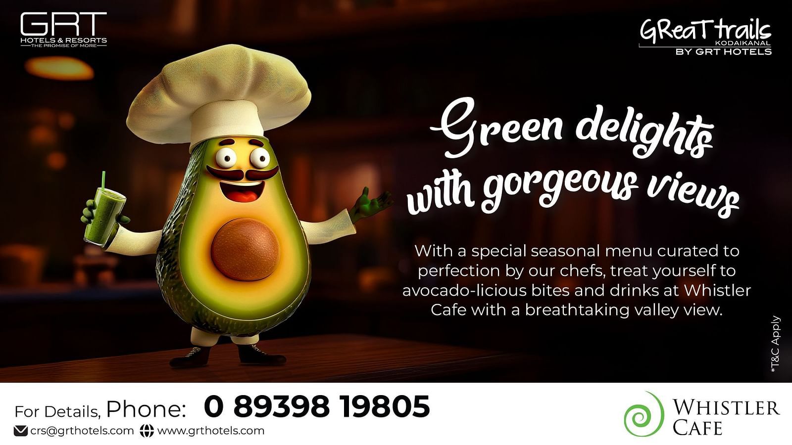 A creative banner (desktop) for the avocado special menu at Whistler Cafe - GReaT Trails Kodaikanal